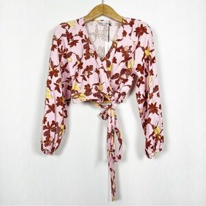 NWT Maison‎ d’Amélie Linen Tropical Wrap Long Sleeve Cropped Blouse Size Medium